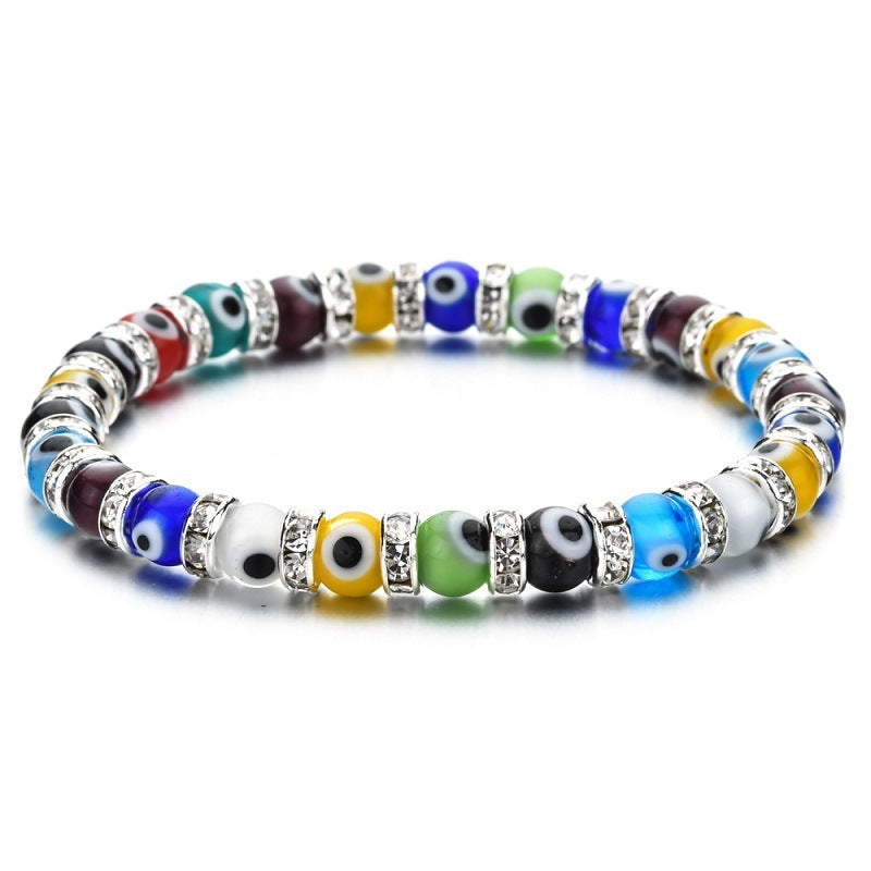 Wholesale 6mm Glass Bead Alloy Diamond Devil Eye Bead Elastic Bracelet